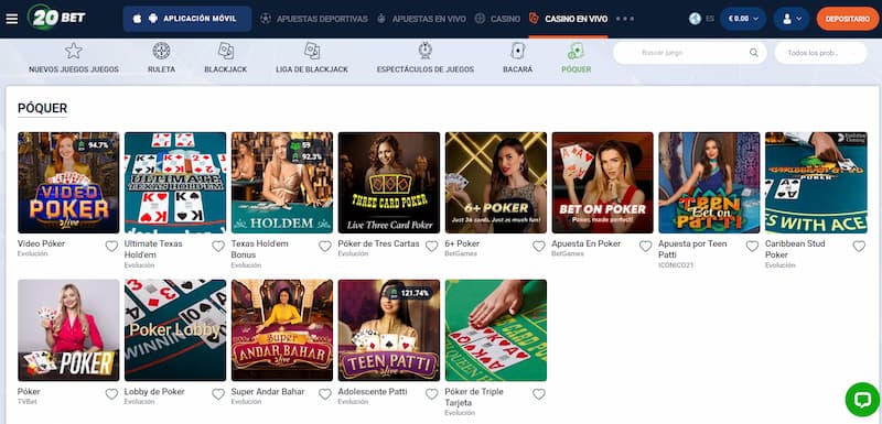 20Bet - El mejor casino para jugar al póker en vivo en España