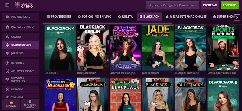 Juegos de blackjack en el Casino Malina