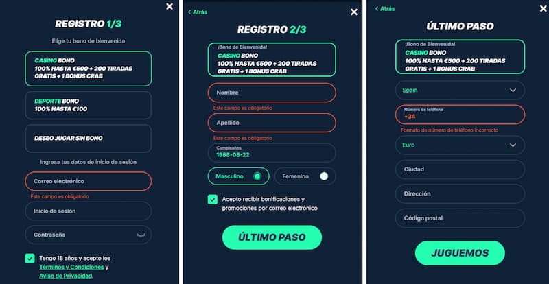 Formulario de registro - Casino PlayZilla España